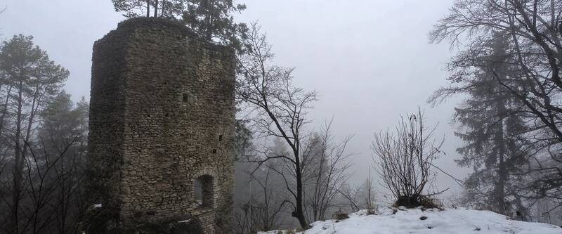 Blick auf die Ruine Hohenerpfingen bei Nebel und Schnee im Winter.