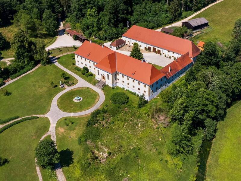Blick auf Schloss Ehrenfels aus der Luft.
