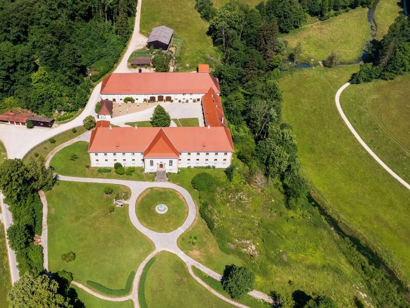 Blick auf Schloss Ehrenfels aus der Luft.