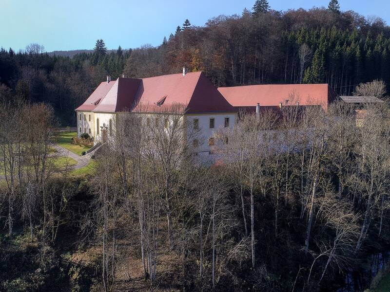 Blick auf Schloss Ehrenfels aus der Luft mit kahlen Bäumen im Vordergrund.