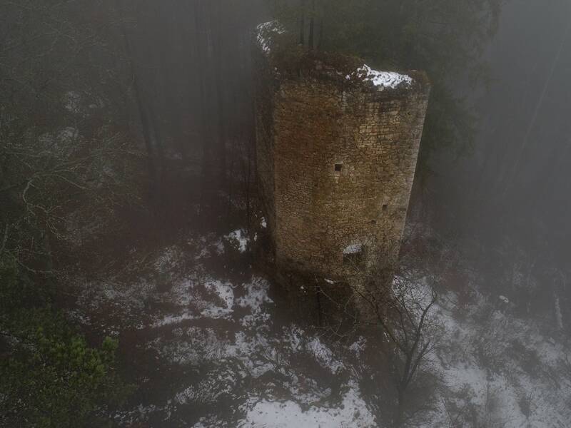 Blick auf die Ruine Hohenerpfingen aus der Luft, umgeben von kahlen Bäumen, Schnee und Nebel im Winter.