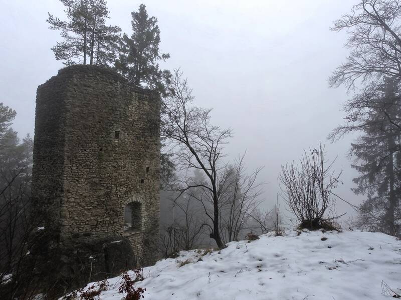 Blick auf die Ruine Hohenerpfingen bei Nebel und Schnee im Winter.