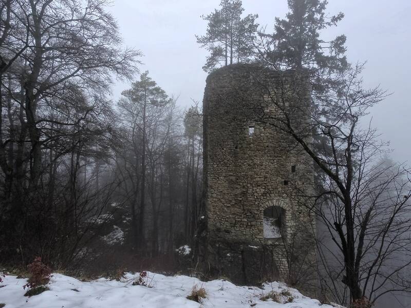Blick auf die Ruine Hohenerpfingen, umgeben von kahlen Bäumen bei Nebel und Schnee im Winter.