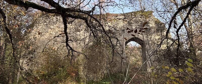 Die Ruine der Hainburg bei Grosselfingen liegt über dem Eyachtal und wird von einer mächtigen, gut sichtbaren Schildmauer mit Torbogen geprägt.