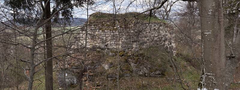 Der Bergfried der Burg Salmendingen von Südwesten her gesehen.