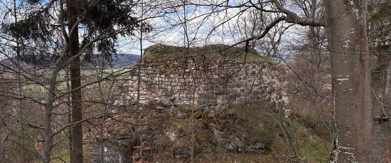 Die Burgruine Salmendingen liegt über dem malerischen Heufeld und zeigt die Reste des Turms sowie eine beeindruckende Fernsicht.
