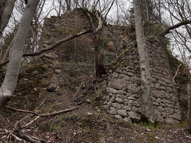 Ruine des Wohnturms der Burg Ringelstein von der Talseite aus.